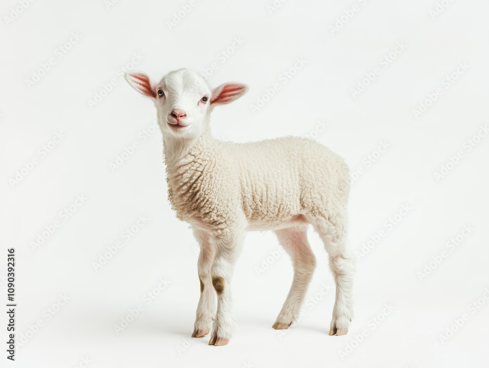 Cute lamb standing alone on a white isolated background.