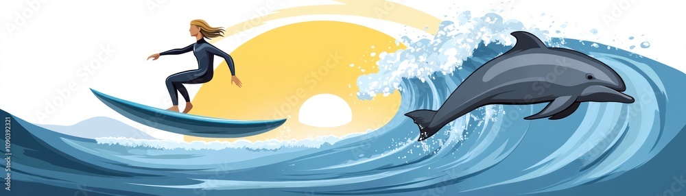 A surfer rides a wave alongside a dolphin with a sunset in the background. A surfer rides a wave alongside a dolphin with a sunset in the background.