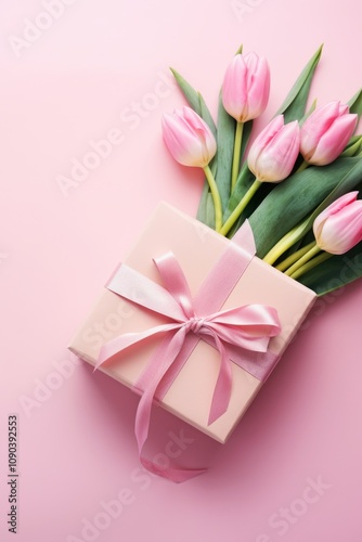 Pink tulips with green stems and leaves, presented in a pink box with a bow on top. Ideal for gifts, Mother's Day, or Spring celebrations.