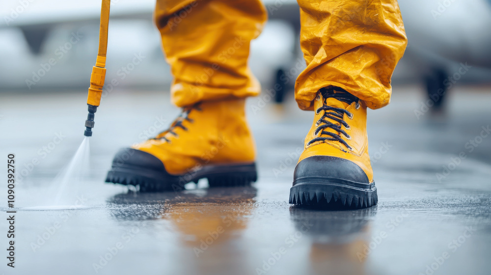 Obraz premium person wearing yellow protective gear and boots is pressure washing wet surface, creating clean and shiny effect. focus is on footwear and water spray