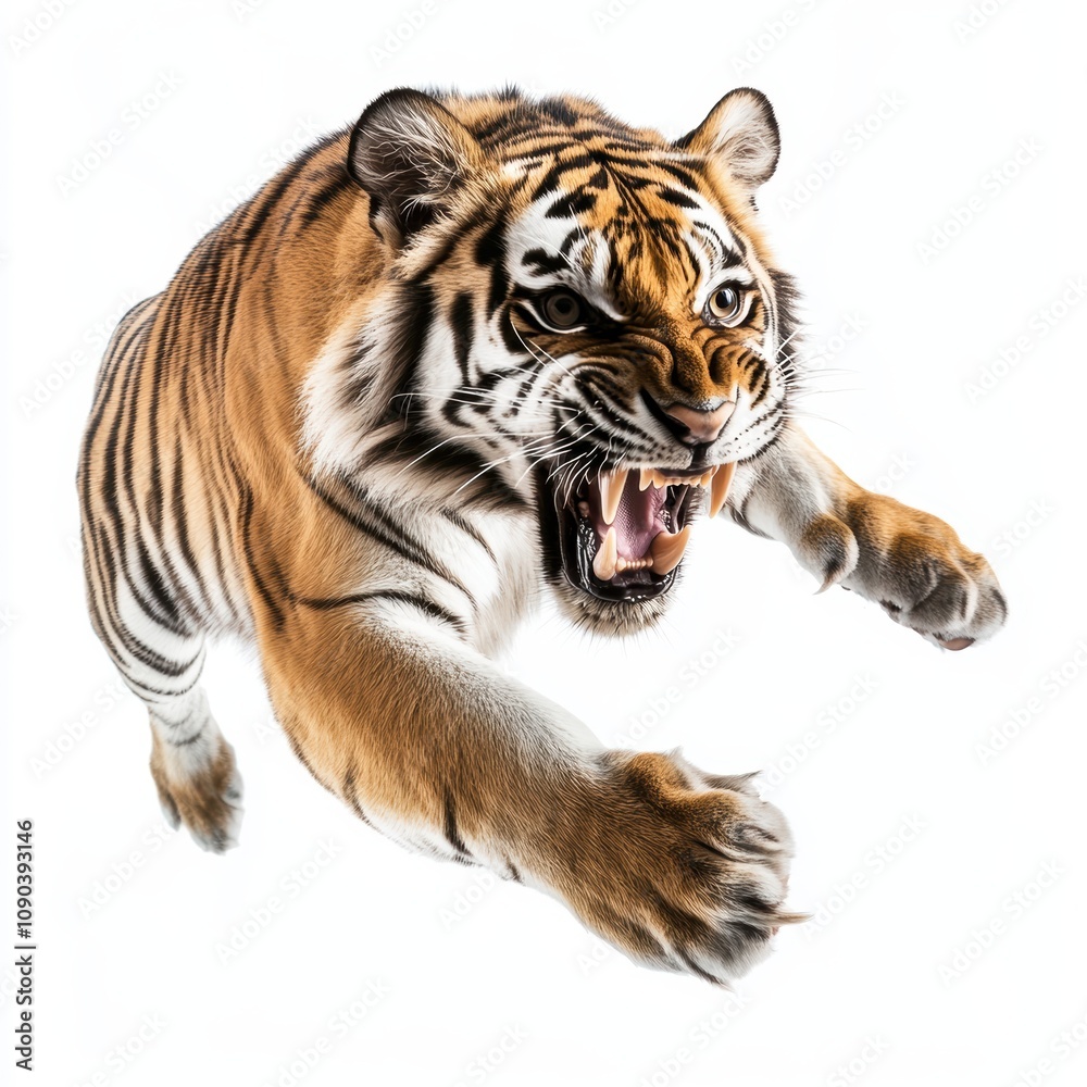 Fototapeta premium Tiger leaping with fierce expression, white isolate background.