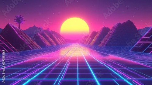 A vibrant retro-futuristic landscape with pyramids and a large sun.