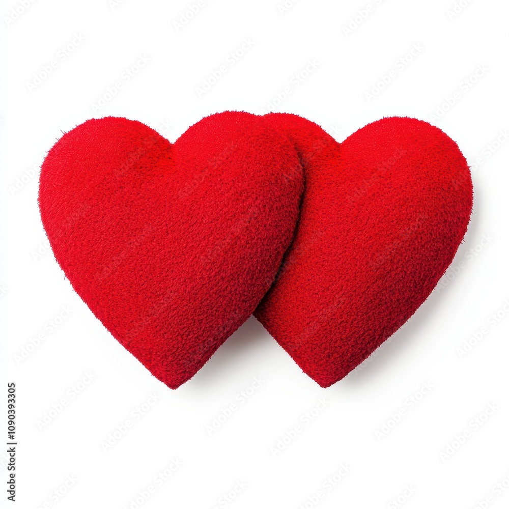 Fototapeta premium Two plush red hearts on a white isolated background.