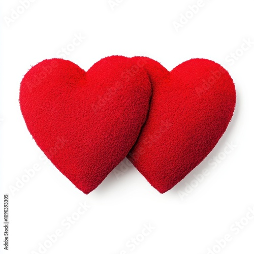 Two plush red hearts on a white isolated background.