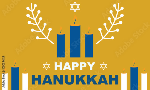 Happy Hanukkah greeting card with symbols of Jewish holiday. Template for banner, flyer, poster, background with vector place for your text. Vector illustration. EPS 10