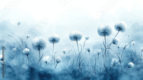 Blue Watercolor Painting of Dandelions in a Field