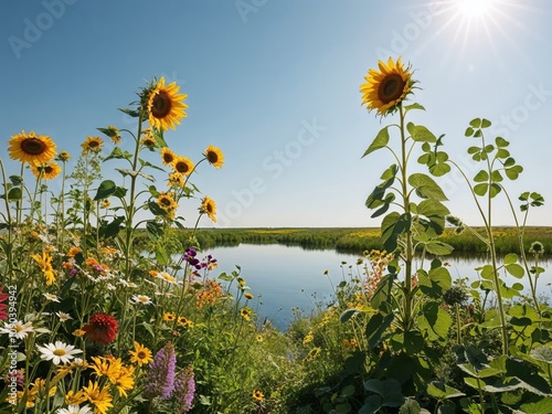 Vibrant Wildflower Meadow with Serene Water Reflection Under Clear Blue Sky.