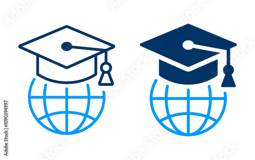 Graduation cap icon on globe. Vector illustration isolated on white.