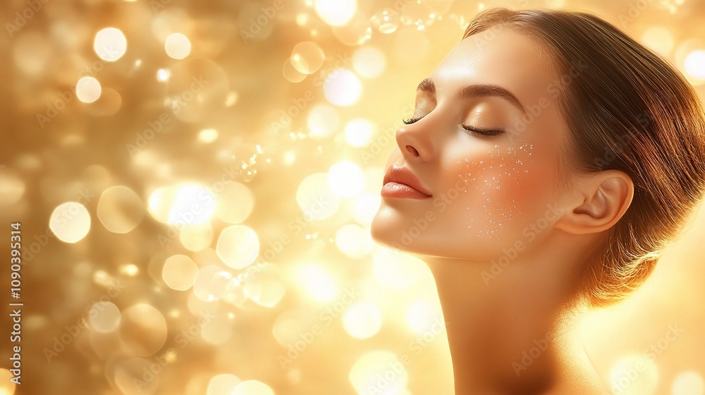 Naklejka premium Ethereal Beauty Portrait with Soft Golden Bokeh and Glowing Skin Highlighting Serenity and Radiance in a Dreamlike Setting