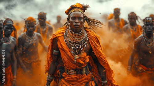 A hyper-detailed scene of a traveler witnessing a Maasai tribe dance in Kenya, with vibrant clothing, traditional jewelry, and dusty red earth. photo