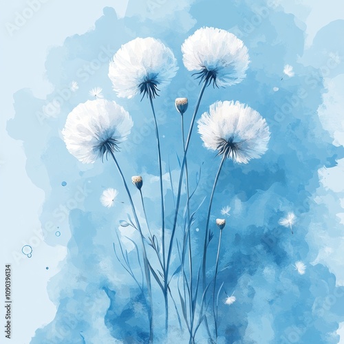 White Flowers on Blue Watercolor Background