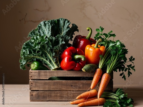 Fresh Organic Vegetables in Rustic Wooden Crate Display. photo