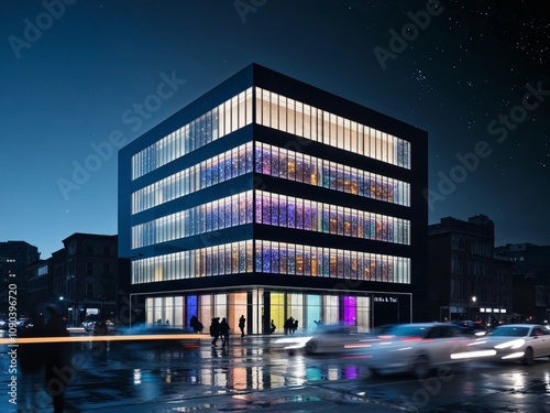 Modern bank building shining at night time lapse. photo