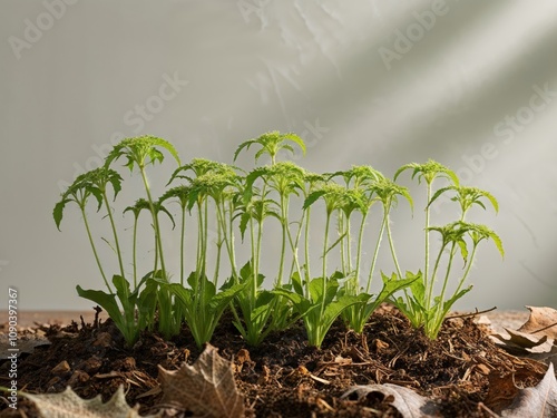 Flowerbed of Rudbeckia seedlings mulched with fallen leaves Growing winter hardy annuals with leaf protection. photo