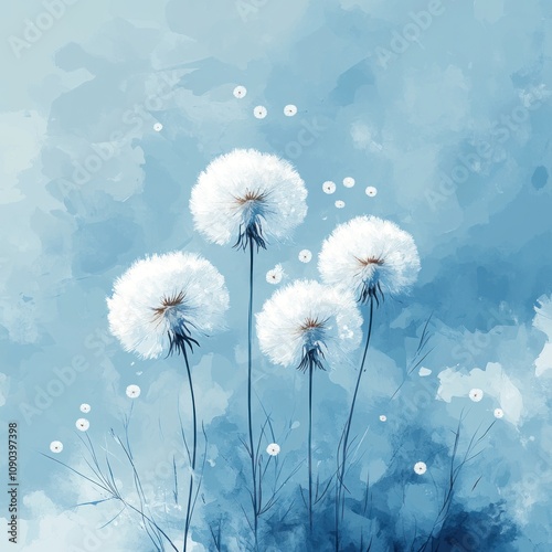 Serene Dandelions in a Blue Dreamlike Landscape