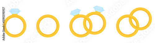Set of gold rings with diamond wedding ring couple clipart flat illustration