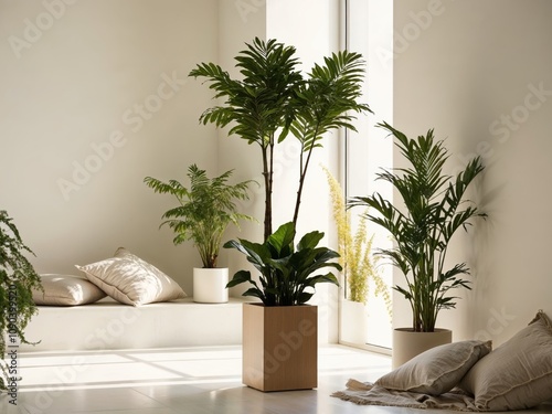 Serene Sunlit Room Oasis with Lush Indoor Plants for Relaxation and Comfort. photo