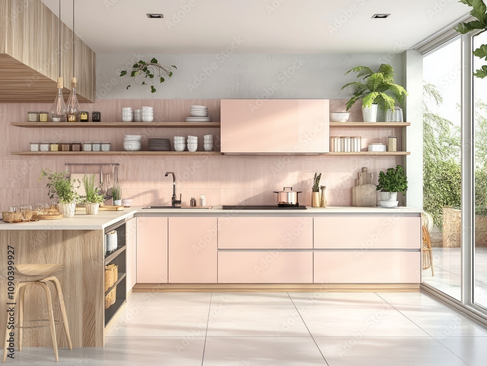 Fototapeta premium Modern Pink Kitchen Design With Wooden Accents and Plants