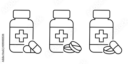 Pills and tablets with bottle icon set. Pill capsule in black line icons. Vitamin, drug compounds and pharmaceutical products, pharmacy pill, medicine vector isolated on transparent background.
