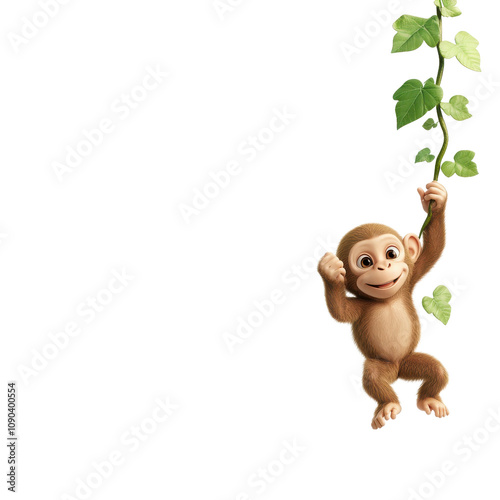 Wallpaper Mural Playful baby monkey hanging from a vine surrounded by lush green leaves in a vibrant jungle setting, showcasing its curious expression and lively personality. Torontodigital.ca