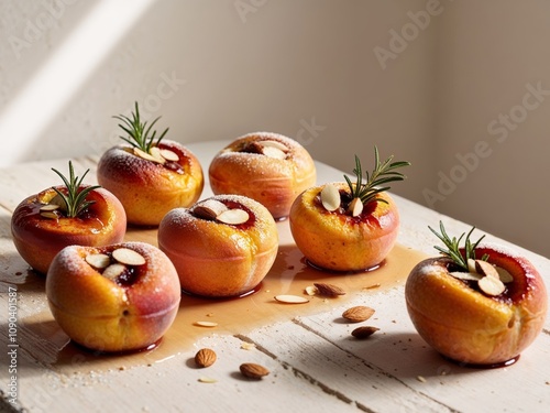 Tasty baked peaches soaked in sugar topped with almonds and rosemary finish. photo