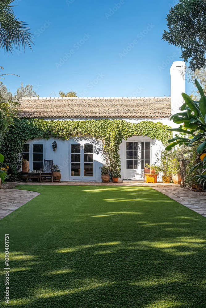 Obraz premium Tranquil garden view of a white house with lush greenery and artificial grass during daytime