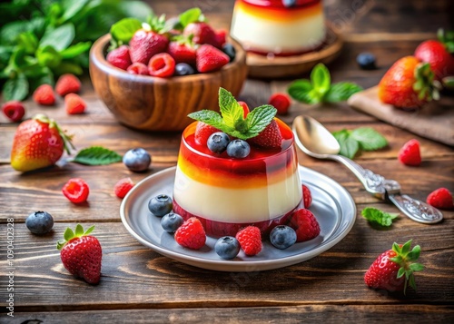 Creamy Panna Cotta Dessert with Vibrant Fruit Layers, Fresh Strawberries, and Mint Garnish for Culinary Photography
