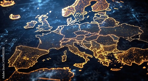 A map of Europe with glowing lights and digital data points