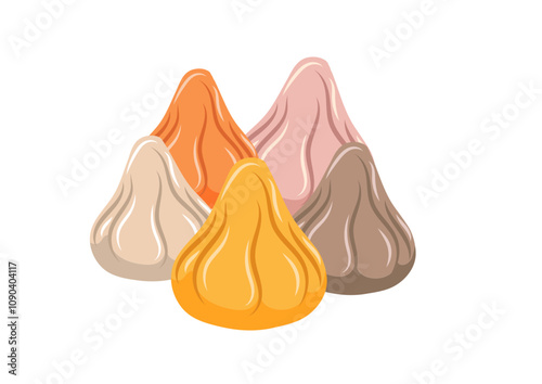 Colorful modak sweets arranged for Indian festivals like Ganesh Chaturthi. Traditional dumpling-style sweet made from rice flour and jaggery, symbolizing devotion and celebration.