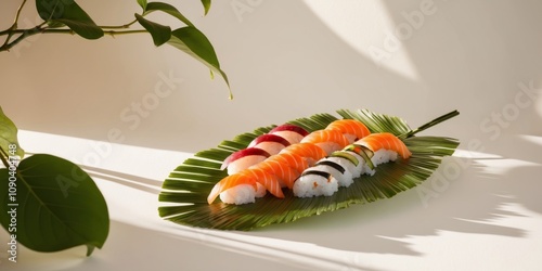 Savor fresh sushi delights on a leafy platter.