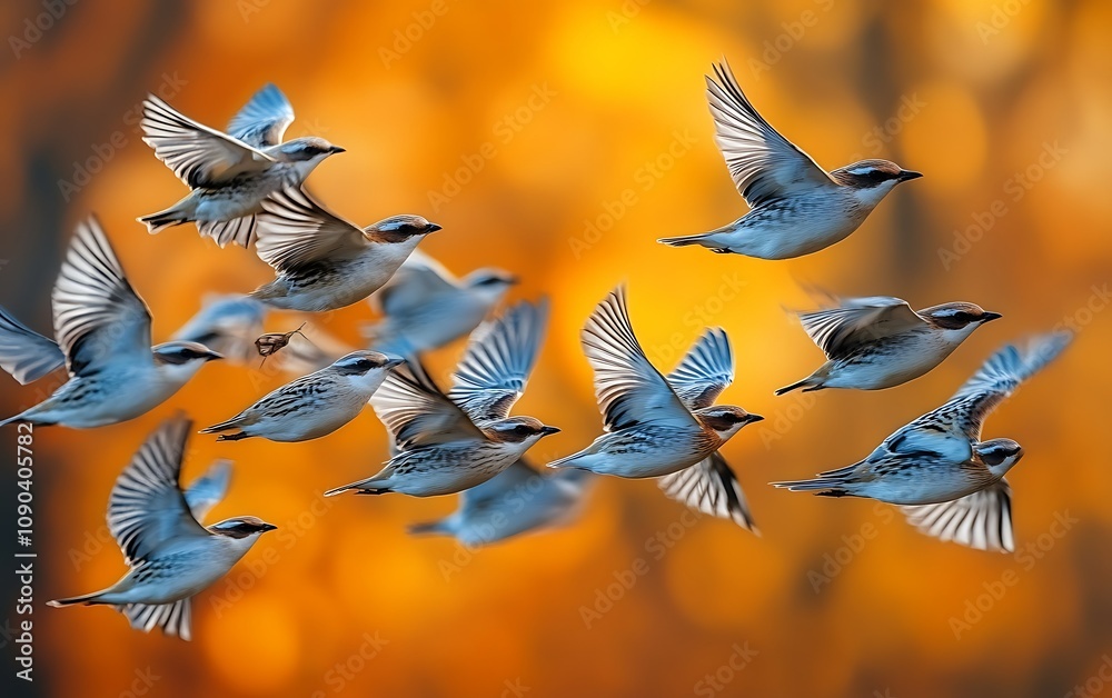 Fototapeta premium Flock of birds flying against a vibrant autumn background.