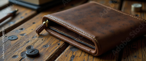 A brown leather wallet sits on a wooden table. The wallet is open and has a zipper on the side. There are a few pens and a book on the table as well photo