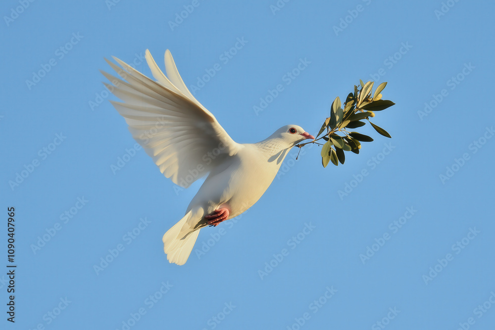 Fototapeta premium A white dove holding an olive branch in its beak, flying against a soft, clear sky