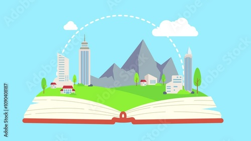 animated scenery with building and clouds in the open book