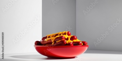 A red bowl filled with chili dogs covered in cheese. photo