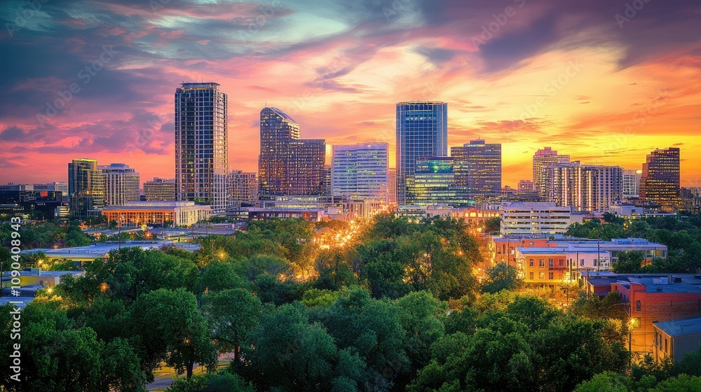 Fototapeta premium Captivating Urban Skyline at Dusk with Vibrant Colors and City Lights Illuminating Downtown Area Under Dramatic Clouds and Sunset Reflections