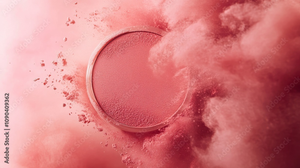 Fototapeta premium Cheek blush and Makeup brushes on studio background,colorful texture and pink powder explosion on the background,cosmetic banner concept,pouch,eyeshadow palette, and powder compacts.