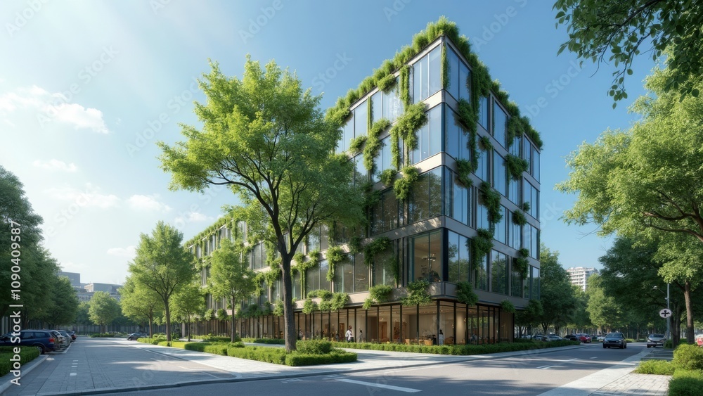 Naklejka premium A new architectural marvel showcases a contemporary design featuring lush greenery on its facade. Sunlight floods the urban landscape, highlighting the vibrant surroundings