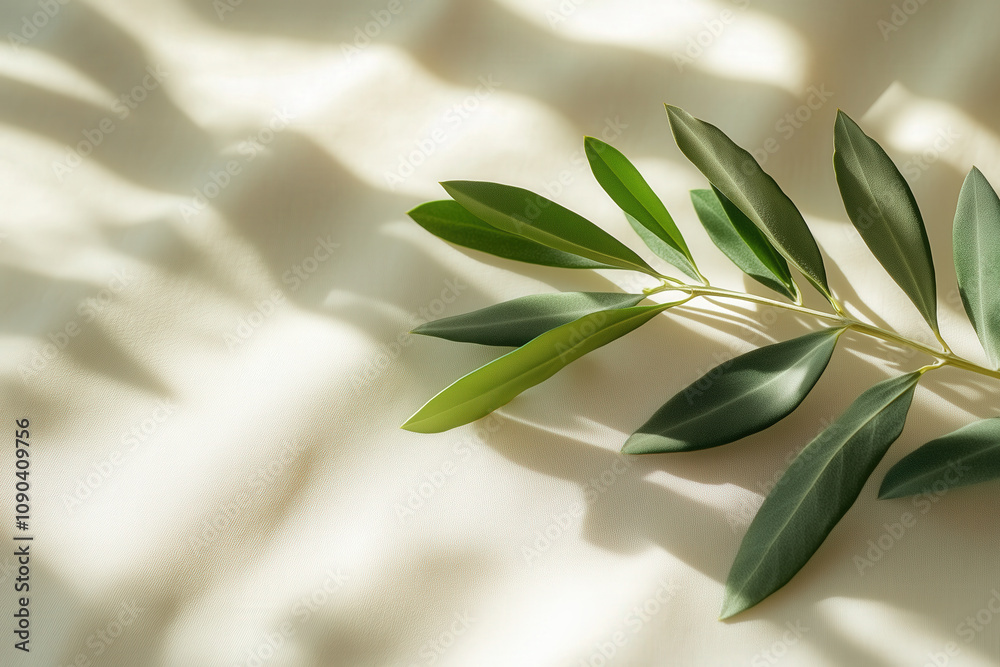 Fototapeta An olive branch resting alone on a smooth, neutral background, symbolizing peace and reconciliation