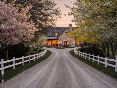 Gravel driveway leading to a beautiful house with blooming trees and white fence at twilight. photo