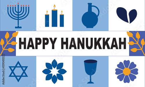 Happy Hanukkah greeting card with symbols of Jewish holiday. Template for banner, flyer, poster, background with vector place for your text. Vector illustration. EPS 10