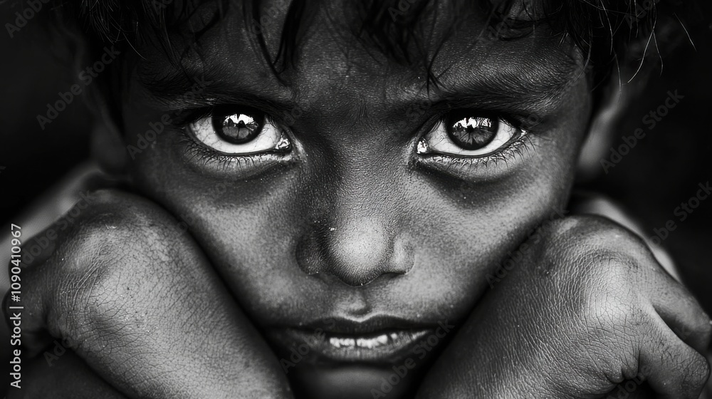 Fototapeta premium Intense gaze of a young boy in black and white
