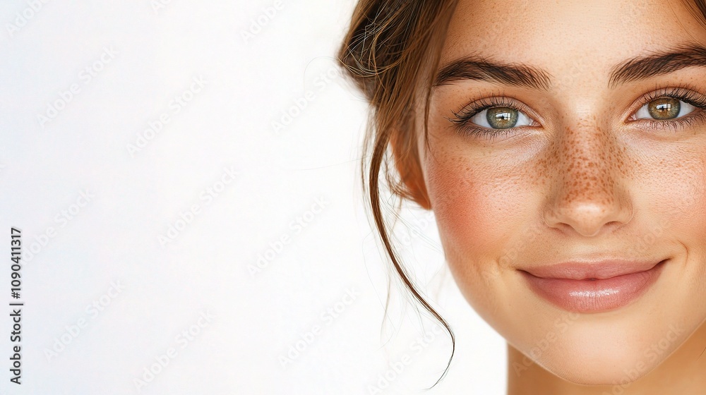 Naklejka premium Close-Up Portrait of a Young Woman with Freckles and Radiant Skin, Exuding Natural Beauty and Confidence in a Soft Light Environment