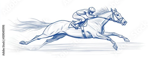 A sketch of a jockey racing a horse at high speed, showcasing motion and competition. photo