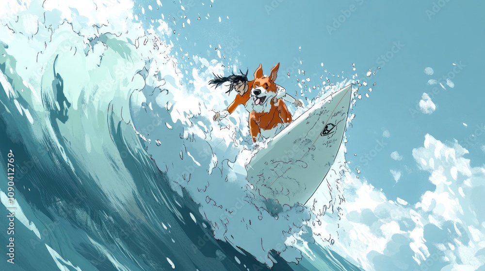 Fototapeta premium A person surfing on a wave with a dog, showcasing a playful and adventurous moment.