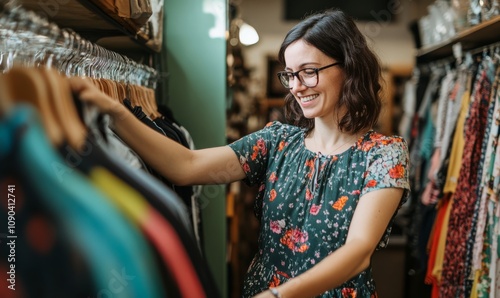 Woman picking outfit in thrift shop, sustainability, eco friendly concept