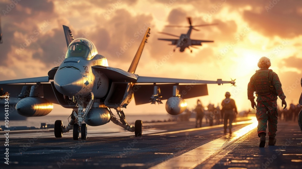 Fototapeta premium Fighter Jet on Aircraft Carrier during Sunset
