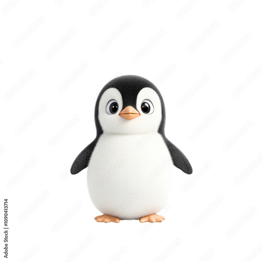 Obraz premium Cute and playful cartoon penguin character standing upright with big eyes, soft feathers, and an adorable expression, ideal for children's illustrations and educational materials.