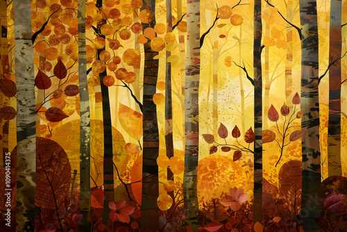 Vibrant autumn forest bathed in golden twilight, rich with warm hues and serene balance