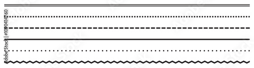 Set of seamless divider straight lines of different styles dots, zigzag, dashes, square. Vector illustration